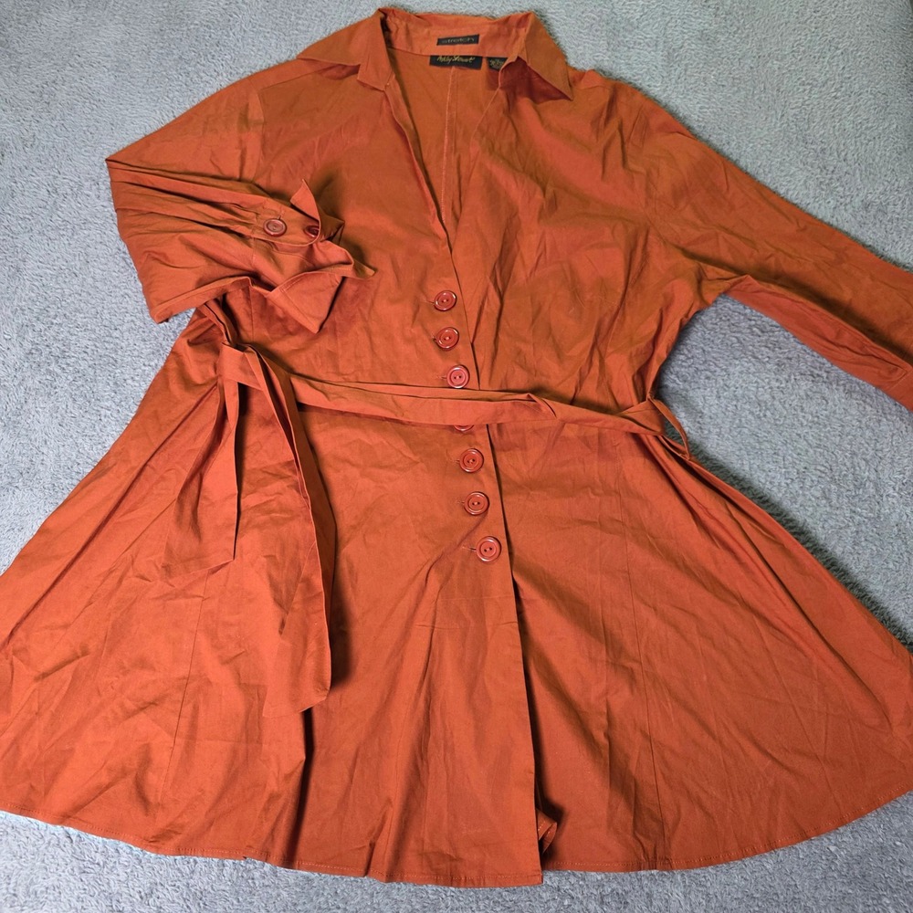 Ashley Stewart Womens 2X Tunic Top Orange Button Front Tie Waist Fit Flare